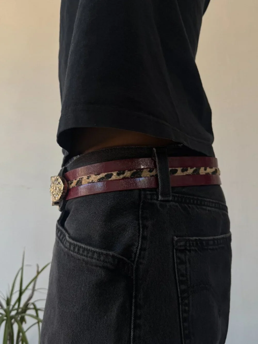 Deep Burgundy Leopard Inlay Ornate Western Belt
